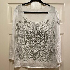 RXB White Cotton Geometric Gray Print with Rhinestones Long Sleeve Top Sz L